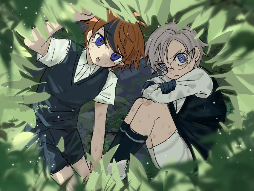 2boys, aged_down, aotsuki_eito, arm_up, black_gloves, black_shoes, black_socks, black_streaks