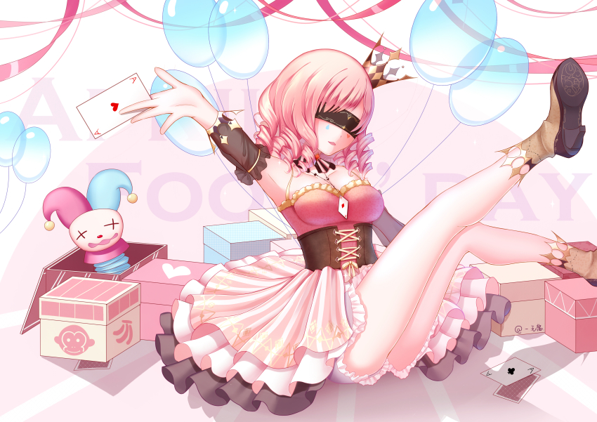 1girl, 1maokitty, absurdres, ace_(playing_card), ace_of_clubs, ace_of_hearts, april_fools, argyle_crown