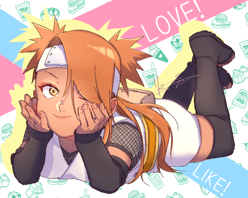 1girl, ;), akimichi_chouchou, asukachan_to_ryotakun, boots, boruto:_naruto_next_generations, bubble_tea, closed_mouth, cupcake, dark-skinned_female, dark_skin, detached_sleeves, food, food-themed_background, forehead_protector, hands_on_own_face, ice_cream, long_hair, looking_at_viewer, lying, macaron, naruto_(series), on_stomach, one_eye_closed, open-toe_boots, orange_eyes, orange_hair, signature, smile, solo