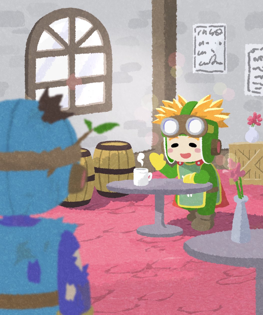 2boys, barrel, battle_damage, black_hair, blue_bodysuit, blue_hat, blue_tunic, blurry