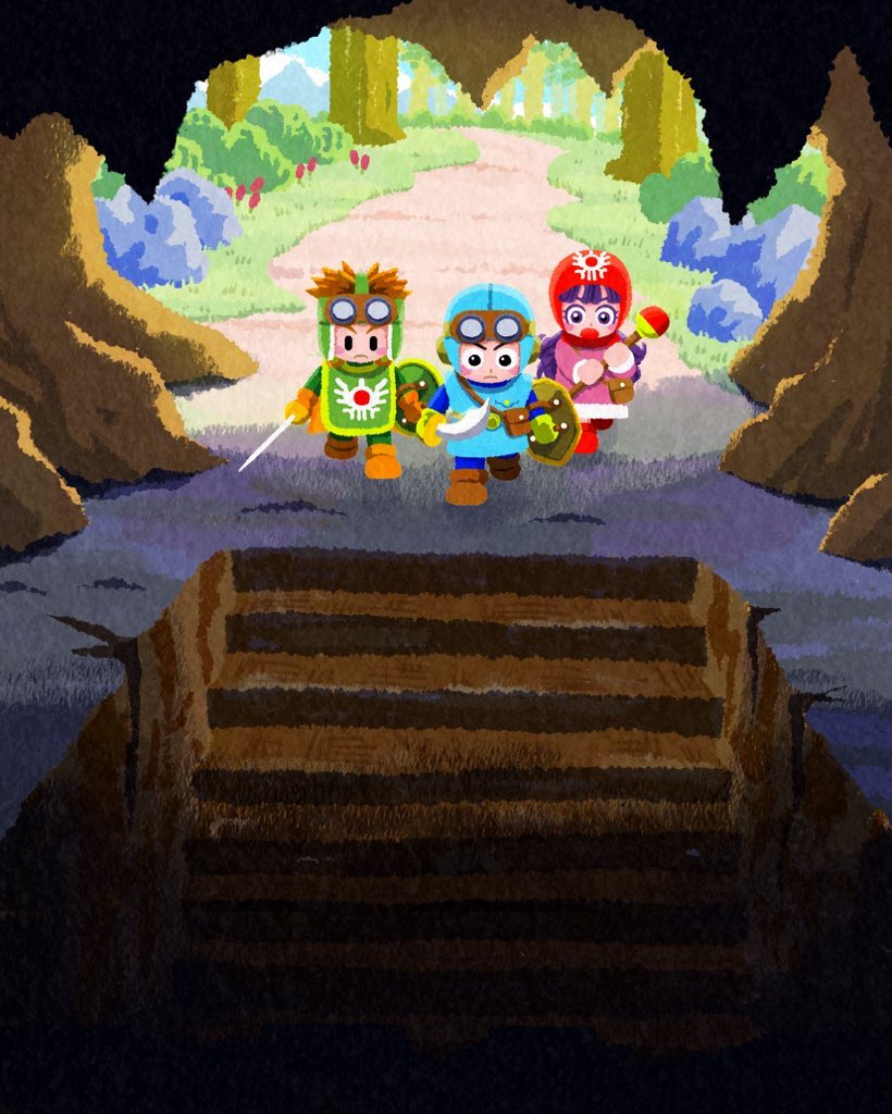 1girl, 2boys, asymmetrical_dual_wielding, aviator_cap, black_eyes, blue_bodysuit, blue_hat, blue_tunic, blush_stickers, bodysuit, bush, cape, cave, chibi, commentary_request, cousins, dragon_quest, dragon_quest_ii, dual_wielding, forest, gloves, goggles, goggles_on_headwear, green_bodysuit, green_tabard, hat, holding, holding_shield, holding_staff, holding_sword, holding_weapon, long_hair, mage_staff, multiple_boys, nature, open_mouth, orange_cape, orange_hair, orange_shoes, outdoors, pellrunks, pink_robe, prince_of_lorasia, prince_of_samantoria, princess_of_moonbrook, purple_eyes, purple_hair, rapier, red_hood, robe, roto's_emblem, shield, shoes, short_hair, spiked_hair, staff, stairs, stalagmite, sword, tabard, tree, tunic, weapon, yellow_gloves