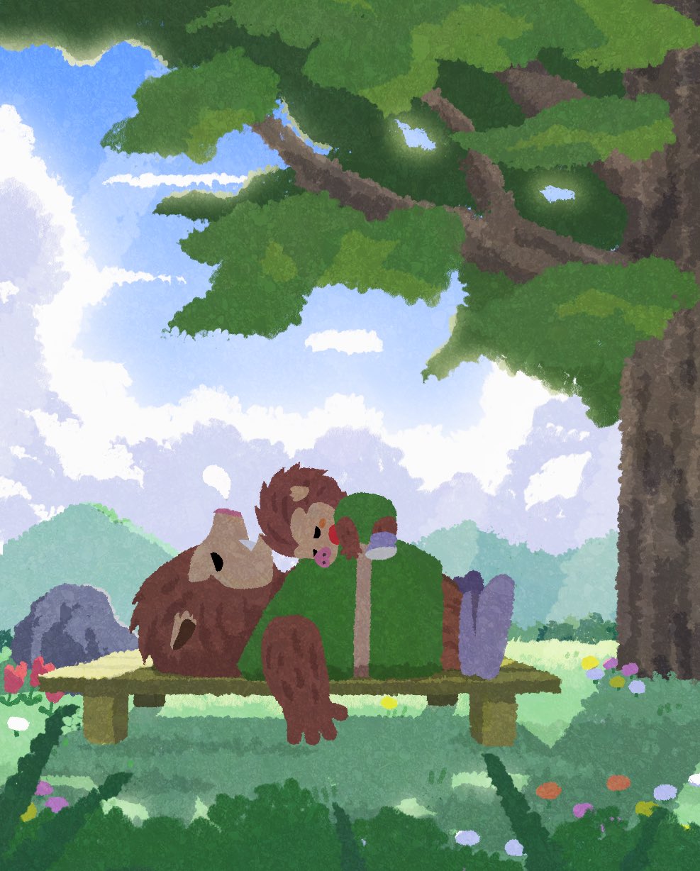 bench, blue_shoes, blue_sky, brown_fur, child, cloud, commentary_request, dragon_quest
