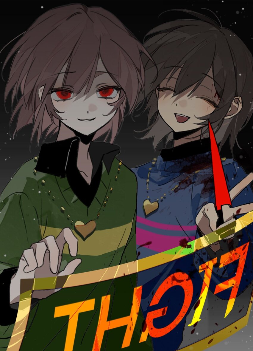 2others, black_background, black_shirt, blood, blood_on_clothes, blue_sweater, brown_hair, chara_(undertale)
