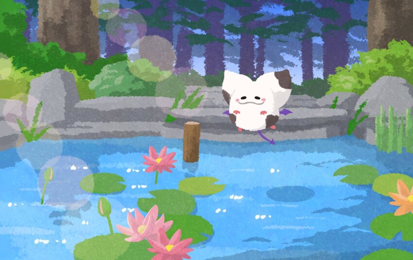 bat_wings, blush_stickers, commentary, creature, creature_focus, demon_tail, dragon_quest, flower