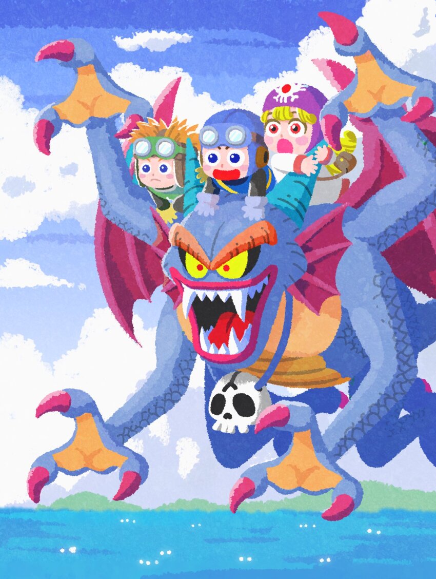 1girl, 3boys, :d, aqua_horns, aviator_cap, bag, bat_wings, black_bodysuit