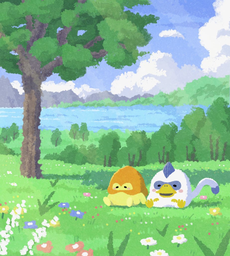 blue_fur, blue_sky, blush_stickers, brownie_(dragon_quest), cloud, colored_skin, commentary_request, creature