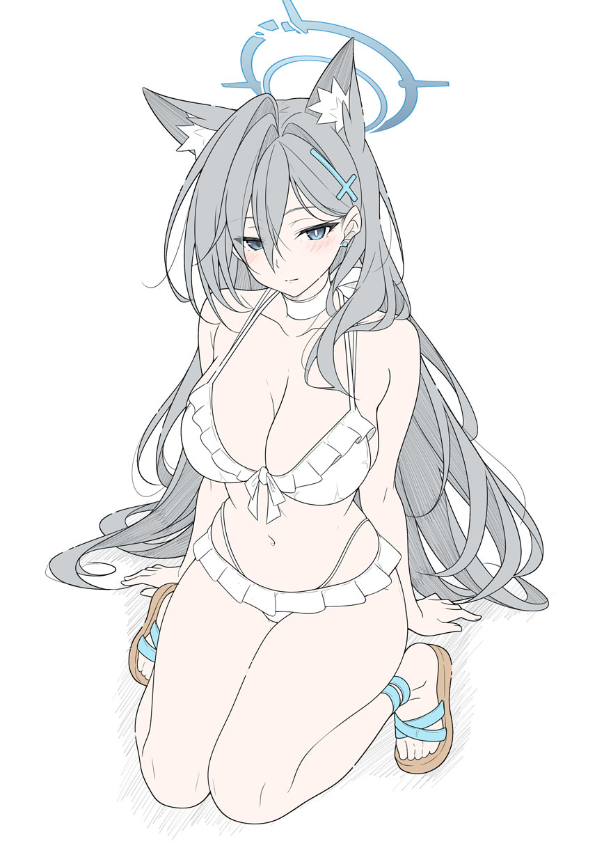 1girl, animal_ear_fluff, animal_ears, bikini, blue_archive, blush, breasts, broken_halo, cleavage, closed_mouth, cosplay, cross, cross_hair_ornament, earrings, extra_ears, frilled_bikini, frills, full_body, gradient_halo, grey_eyes, grey_hair, grey_halo, hair_between_eyes, hair_ornament, halo, halterneck, highres, inverted_cross, jewelry, kneeling, large_breasts, long_hair, looking_at_viewer, mika_(blue_archive), mika_(blue_archive)_(cosplay), mika_(swimsuit)_(blue_archive), mismatched_pupils, multicolored_halo, navel, shiroko_terror_(blue_archive), simple_background, solo, stomach, stud_earrings, swimsuit, t1kosewad, thighs, toes, very_long_hair, white_background, white_bikini, wolf_ears, wolf_girl