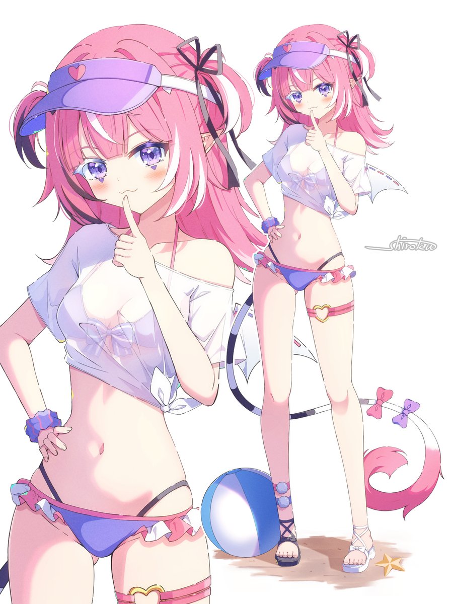 1girl, :3, alternate_costume, ball, beachball, bikini, black_ribbon, black_sandals