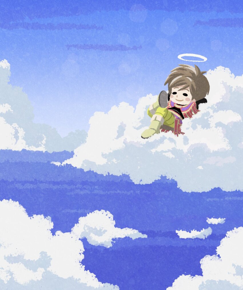 1boy, angel, arms_behind_head, black_shirt, blue_sky, blush_stickers, boots, brown_boots