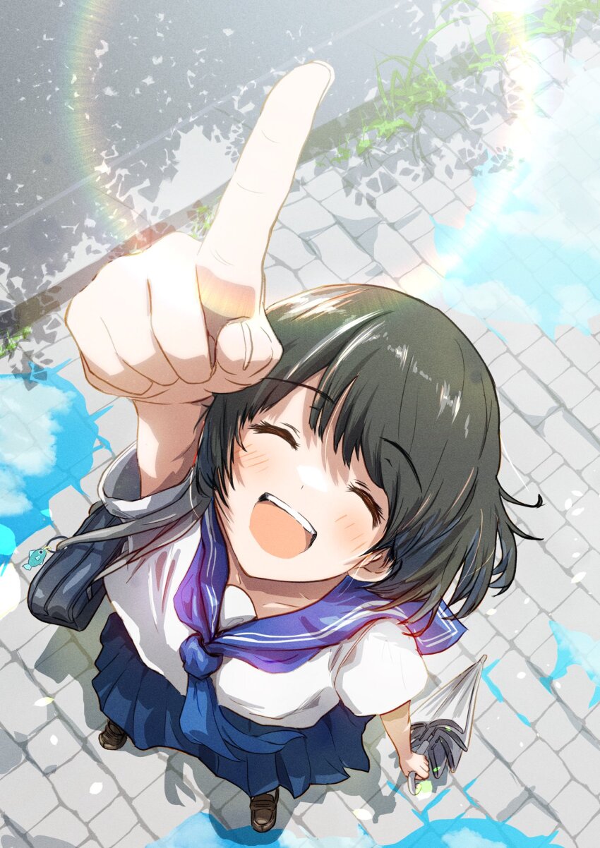 1girl, bag, black_hair, blue_neckerchief, blue_sailor_collar, blue_skirt, blush, breasts, closed_eyes, highres, holding, holding_umbrella, ichiha_t, long_hair, neckerchief, open_mouth, original, outdoors, pleated_skirt, pointing, sailor_collar, school_uniform, shirt, short_sleeves, shoulder_bag, skirt, smile, solo, umbrella, white_shirt