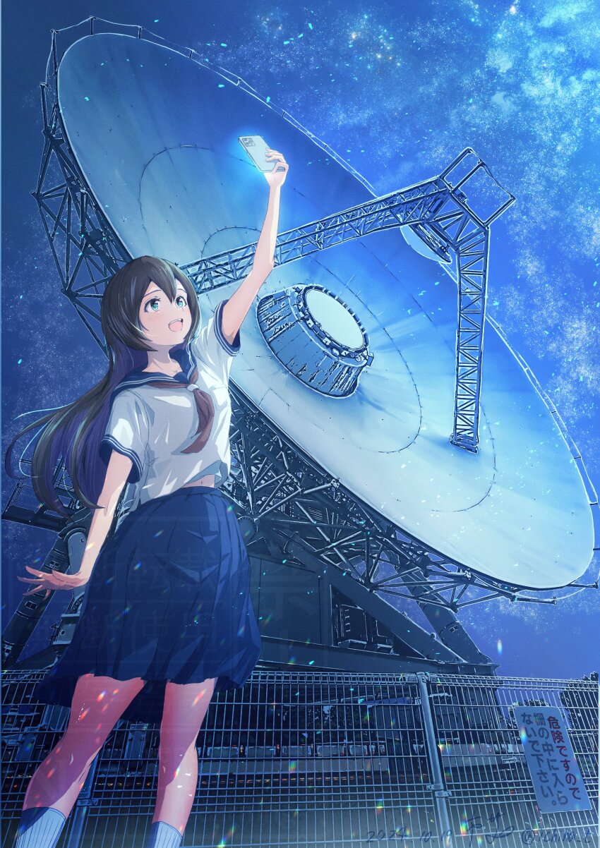 1girl, absurdres, black_hair, blue_eyes, blue_sailor_collar, blue_skirt, blush, breasts