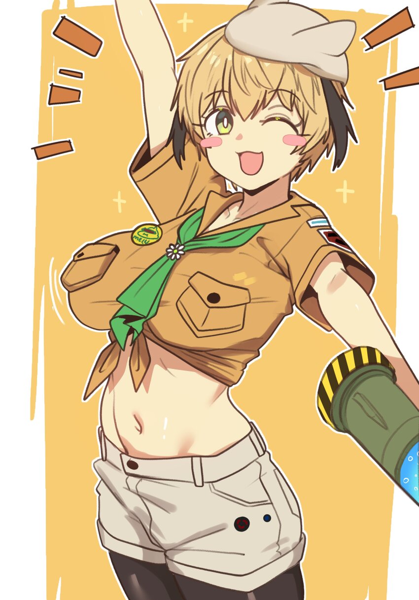 1girl, absurdres, alternate_breast_size_(larger), barghest_(fate), barghest_(fate)_(cosplay), barghest_(swimsuit_archer)_(first_ascension)_(fate), blonde_hair, blush_stickers