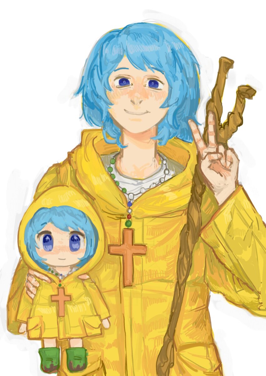 1girl, absurdres, bead_necklace, beads, blue_eyes, blue_hair, boots, cane, character_doll, cross, cross_necklace, dirty_footwear, doll, green_boots, highres, holding, holding_cane, hood, hood_down, jewelry, jubilee_2025, latin_cross, looking_at_viewer, luce_(jubilee_2025), necklace, neclapng, raincoat, rosary, rubber_boots, shirt, short_hair, smile, solo, v, white_shirt, yellow_raincoat