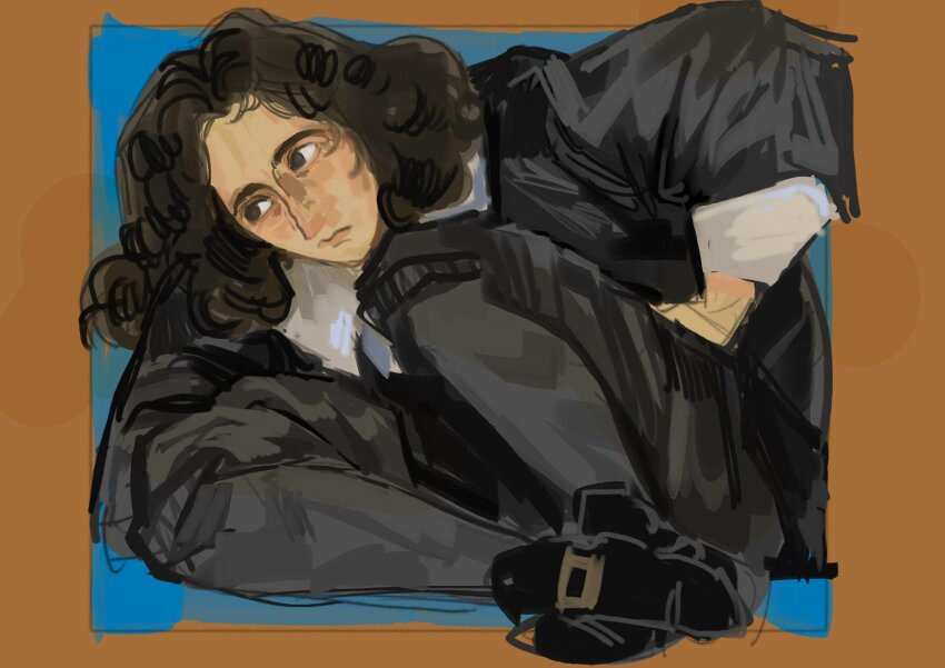 1boy, baruch_spinoza, black_robe, black_shoes, brown_eyes, brown_hair, collar, curly_hair