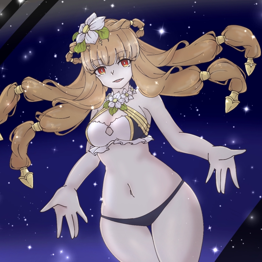 1girl, black_panties, blonde_hair, breasts, chaos_therese_(grimms_notes), cowboy_shot, gemini_hanpen, grimms_notes, highres, looking_at_viewer, medium_breasts, missing_halo, missing_wings, panties, red_eyes, smile, solo, swimsuit, teeth, underwear, upper_teeth_only