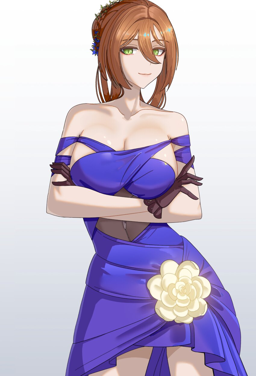 1girl, absurdres, black_gloves, blush, breasts, brown_hair, crossed_arms, dress