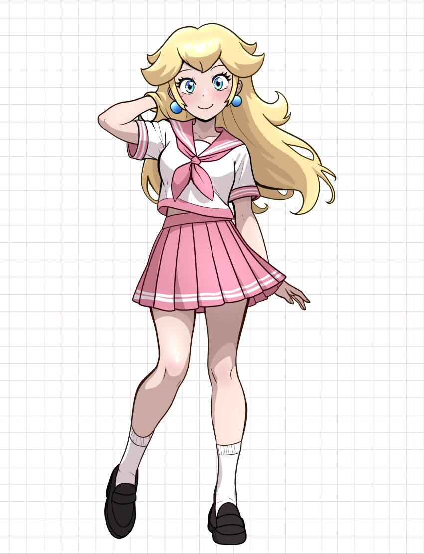 1girl, alternate_costume, black_shoes, blonde_hair, blue_eyes, blush, closed_mouth, earrings