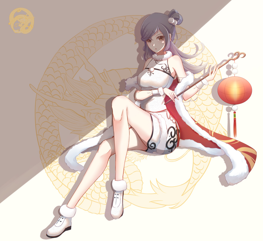 1maokitty, :<, absurdres, asymmetrical_hair, bare_legs, bare_shoulders, boots, braid