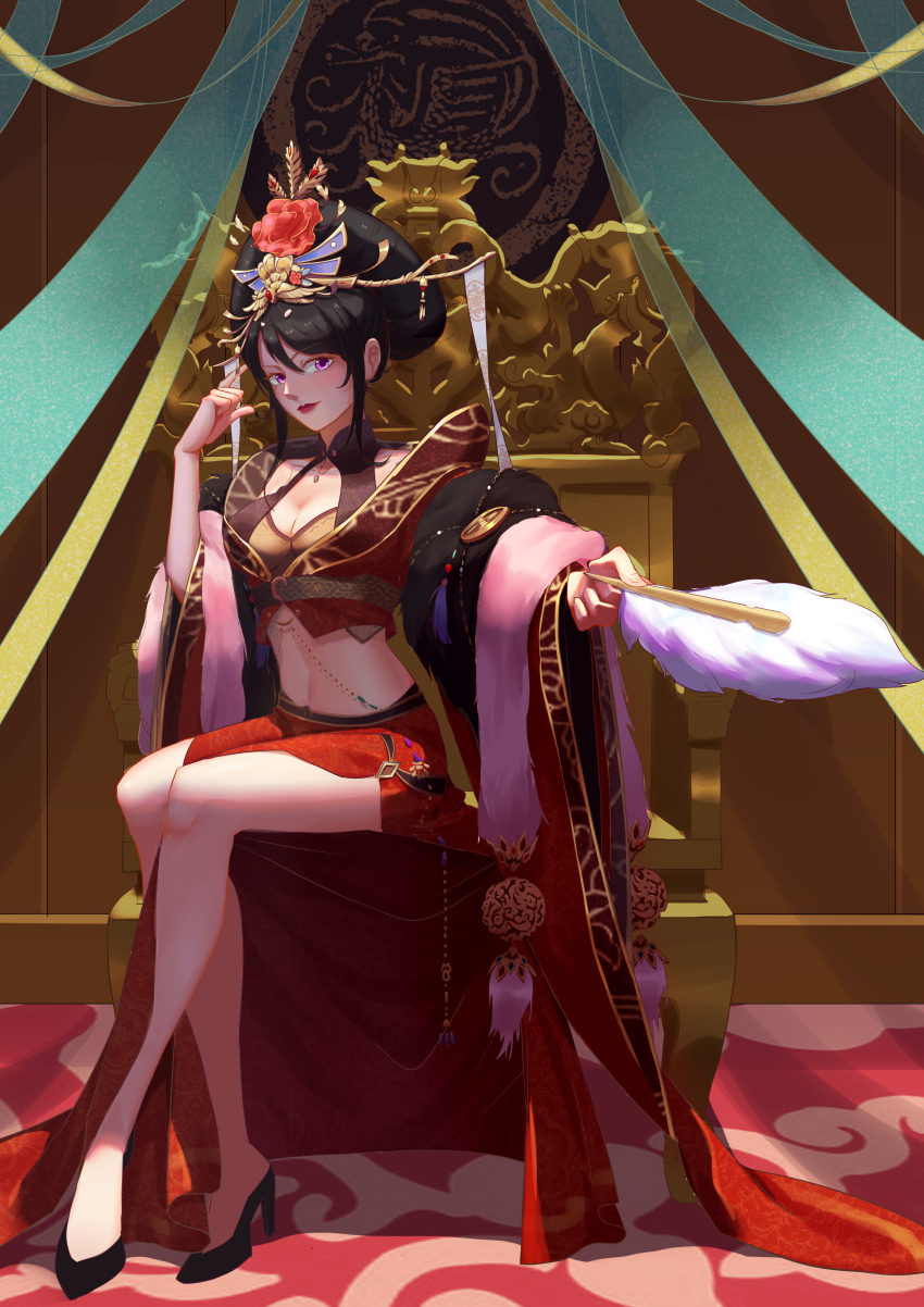 1girl, 1maokitty, absurdres, asymmetrical_skirt, bare_legs, black_hair, black_robe, black_shirt