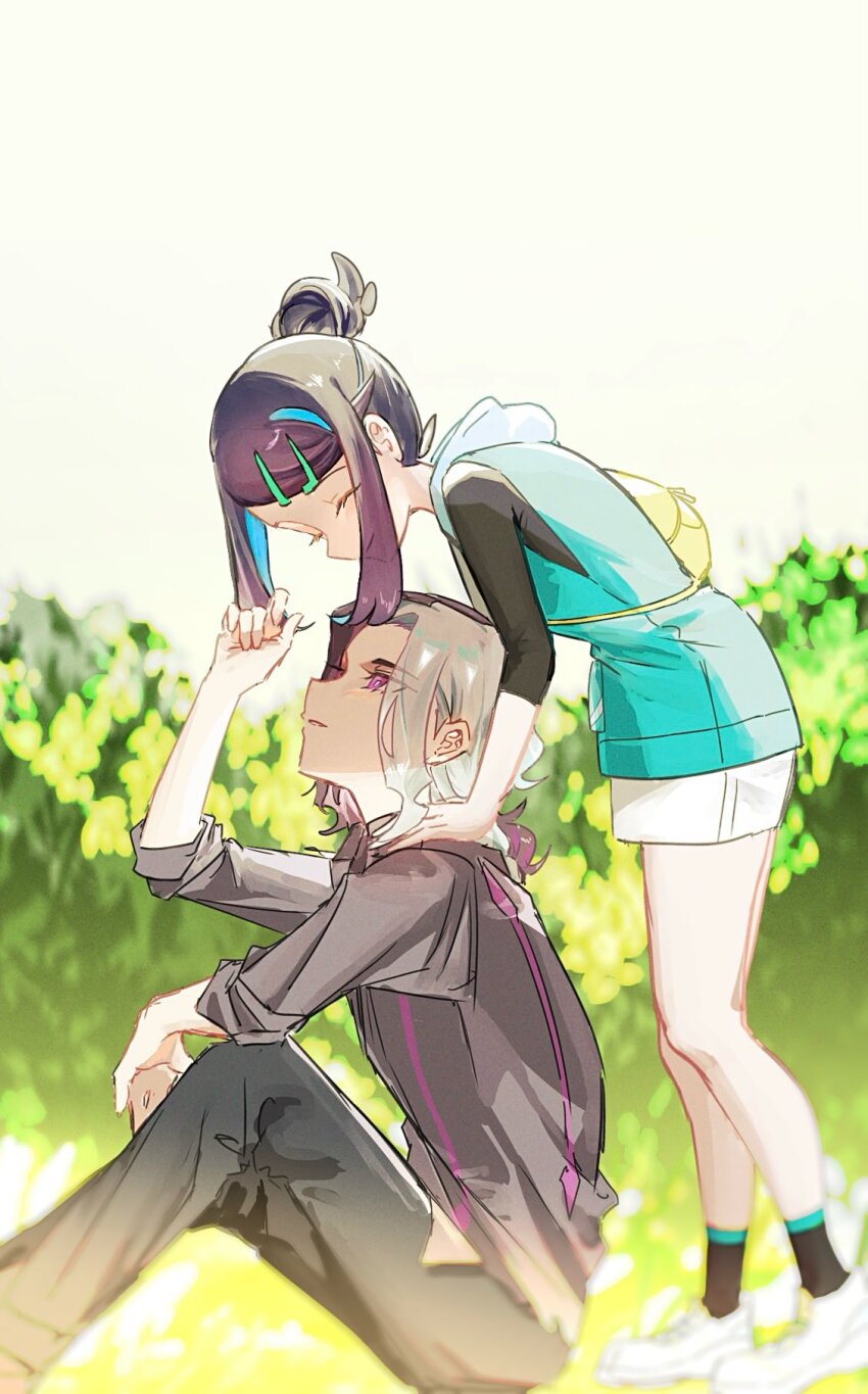 1boy, 1girl, amethio_(pokemon), bag, black_hair, black_pants, black_shirt, black_socks