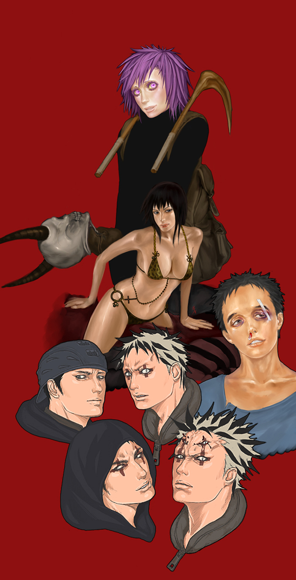 2girls, 5boys, aikawa_(dorohedoro), aikawa_you, bikini, black_hair, caiman_(dorohedoro), dorohedoro