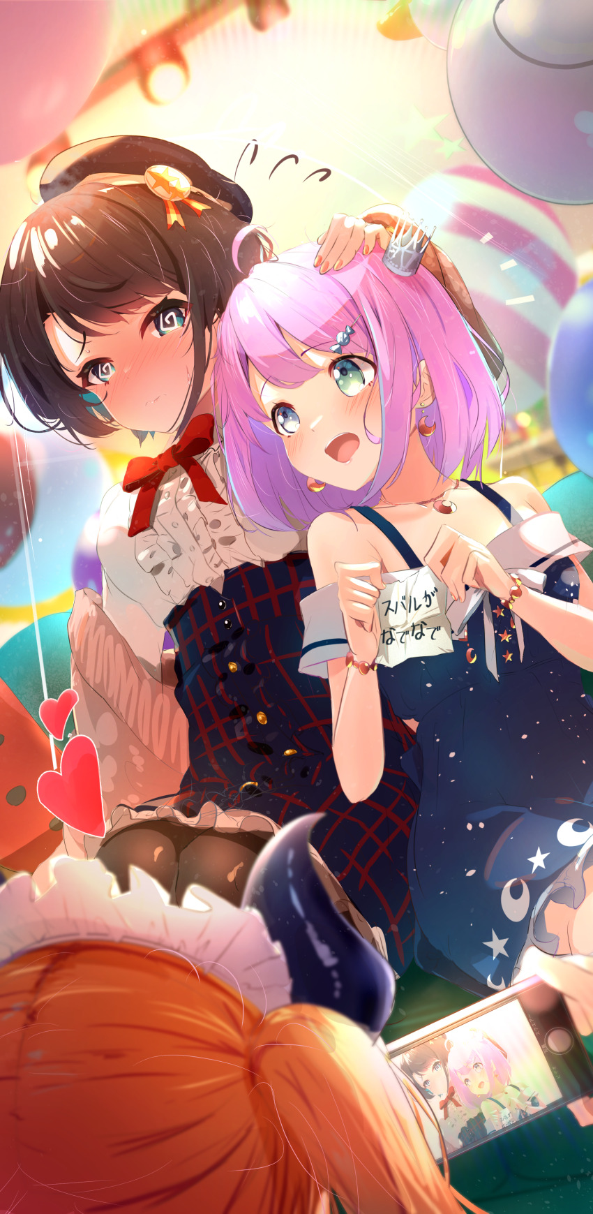 3girls, @_@, absurdres, ahoge, aran_sweater, balloon, bare_shoulders, beret, black_pantyhose, blue_dress, blue_eyes, blue_hat, blue_skirt, blush, bob_cut, brown_hair, cable_knit, candy_hair_ornament, center_frills, commentary_request, crescent, crescent_earrings, crescent_print, crown, dress, earrings, embarrassed, eye_contact, food-themed_hair_ornament, french_girly, frilled_shirt, frilled_skirt, frills, full-face_blush, green_eyes, hai_0013, hair_ornament, hairclip, hand_on_another's_head, hat, head_on_another's_shoulder, headpat, heterochromia, high-waist_skirt, highres, himemori_luna, himemori_luna_(sundress), holding, holding_paper, hololive, jewelry, looking_at_another, medium_hair, mini_crown, multiple_girls, nail_polish, nervous_sweating, off-shoulder_dress, off_shoulder, official_alternate_costume, official_alternate_hairstyle, oozora_subaru, oozora_subaru_(casual), open_mouth, orange_nails, pantyhose, paper, pink_hair, pink_sweater, plaid_clothes, plaid_skirt, pointed_crown, print_dress, purple_eyes, recording, sailor_collar, sailor_dress, shirt, short_dress, short_hair, sideways_glance, silver_crown, sitting, skirt, starry_sky_print, sweat, sweater, swept_bangs, tilted_headwear, virgin_killer_outfit, virtual_youtuber, white_sailor_collar, white_shirt, yuri, yuzuki_choco
