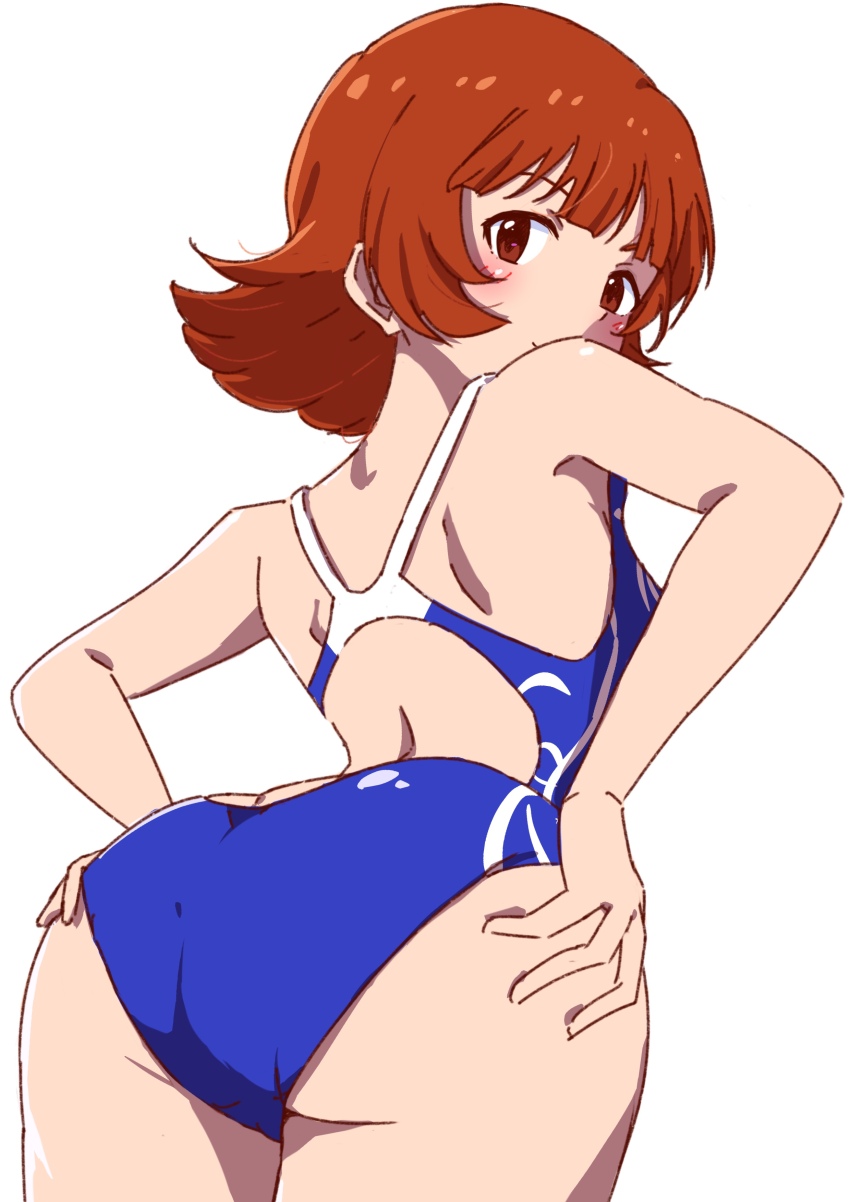 1girl, absurdres, back_cutout, blue_one-piece_swimsuit, brown_eyes, clothing_cutout, competition_swimsuit, from_behind, hands_on_own_hips, highres, idolmaster, idolmaster_million_live!, idolmaster_million_live!_theater_days, looking_at_viewer, looking_back, niwatorimushi, nonohara_akane, one-piece_swimsuit, red_hair, short_hair, simple_background, solo, swimsuit, wave_makers!_(idolmaster), white_background