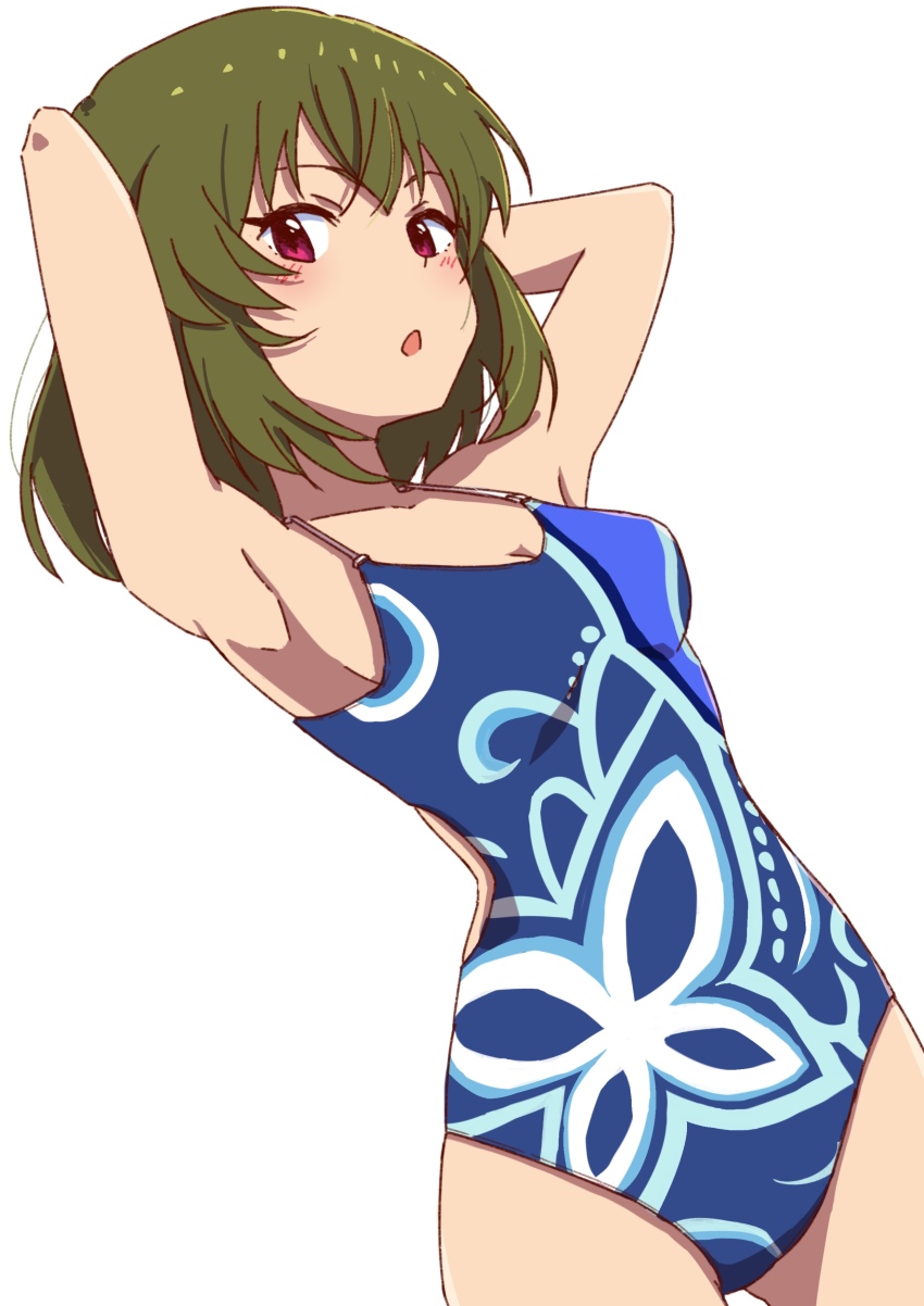 1girl, absurdres, armpits, arms_behind_head, blue_one-piece_swimsuit, breasts, brown_hair, cleavage