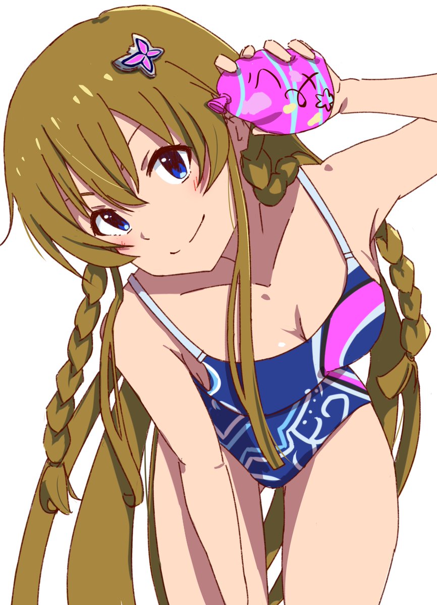 1girl, blonde_hair, blue_eyes, blue_one-piece_swimsuit, braid, breasts, butterfly_hair_ornament, cleavage