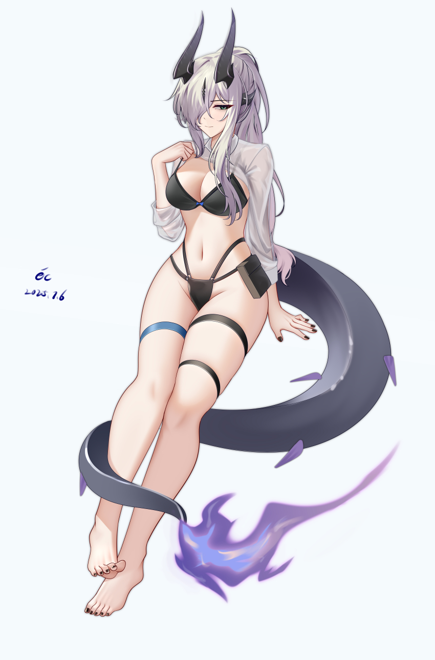 1girl, absurdres, alter_kamerade, arknights, bikini, black_bikini, black_horns, black_nails
