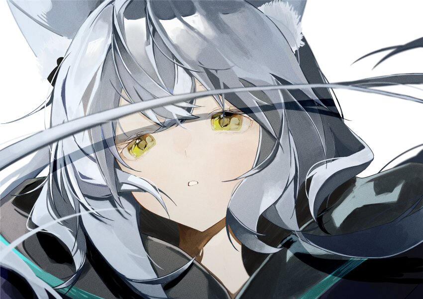 1girl, :o, absurdres, animal_ear_fluff, animal_ears, aqua_coat, arknights, black_coat