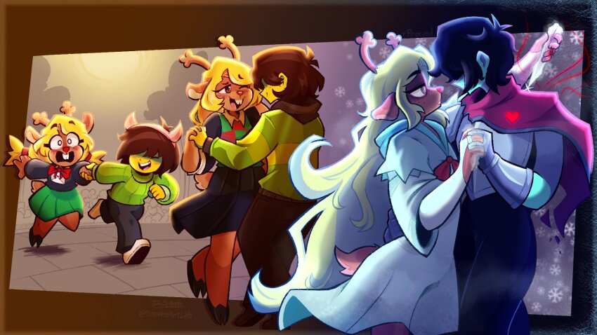 1girl, 1other, age_progression, aged_down, animal_ears, animal_nose, antlers, armor