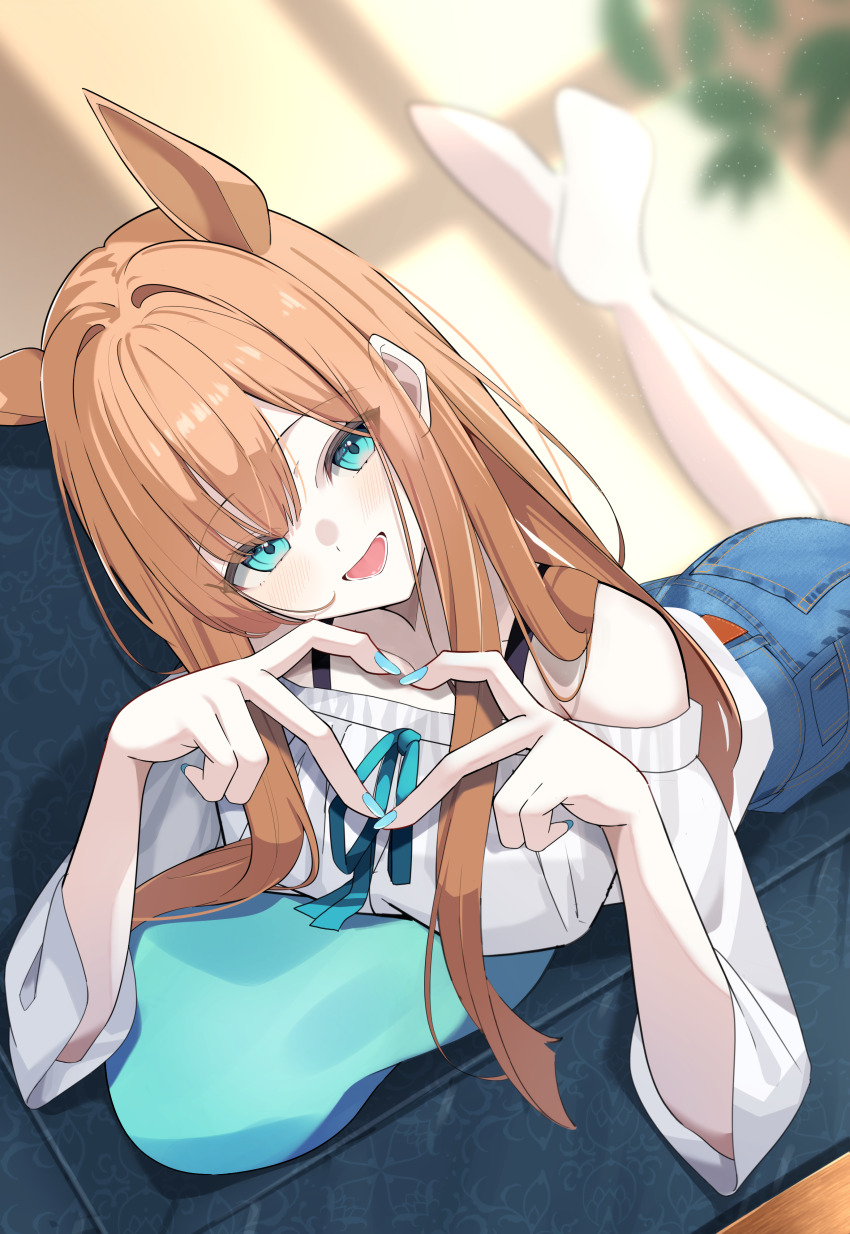 1girl, absurdres, animal_ears, aqua_eyes, aqua_nails, bare_shoulders, barefoot, blue_shorts