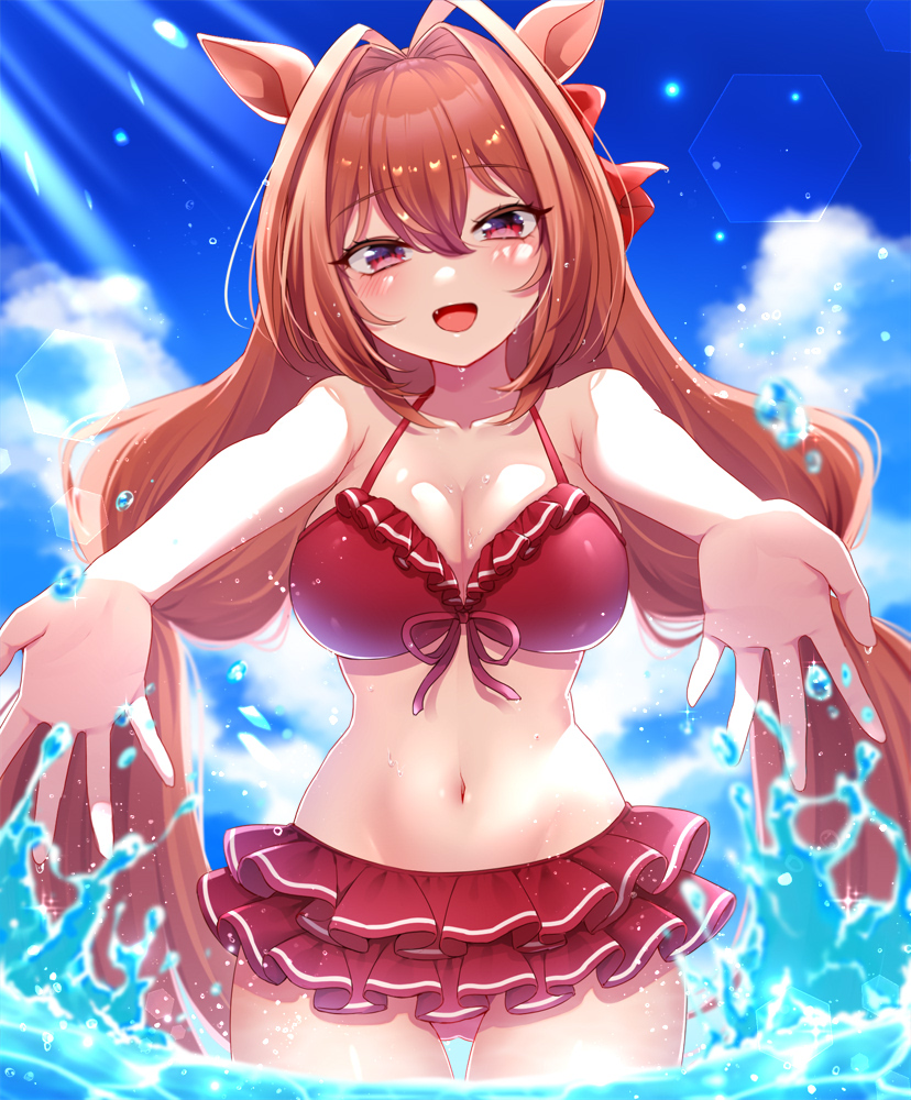 1girl, animal_ears, bikini, blush, breasts, brown_hair, cleavage, cowboy_shot