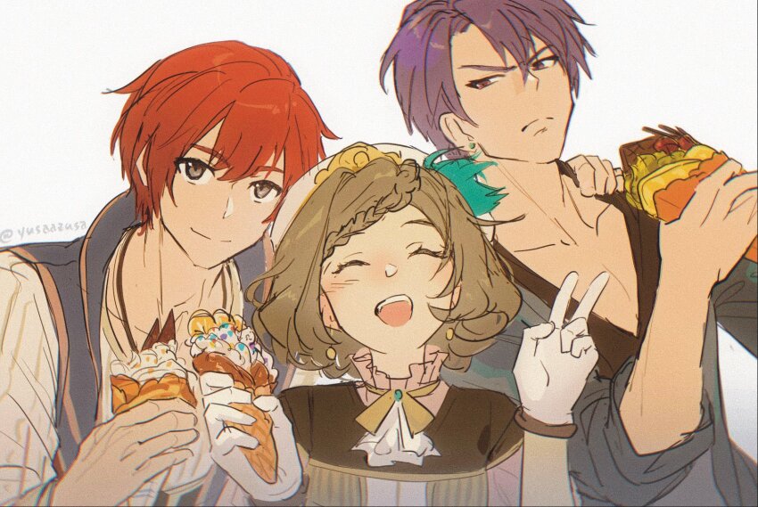 1girl, 2boys, adol_christin, artist_name, closed_eyes, closed_mouth, credo_aiblinger, dessert