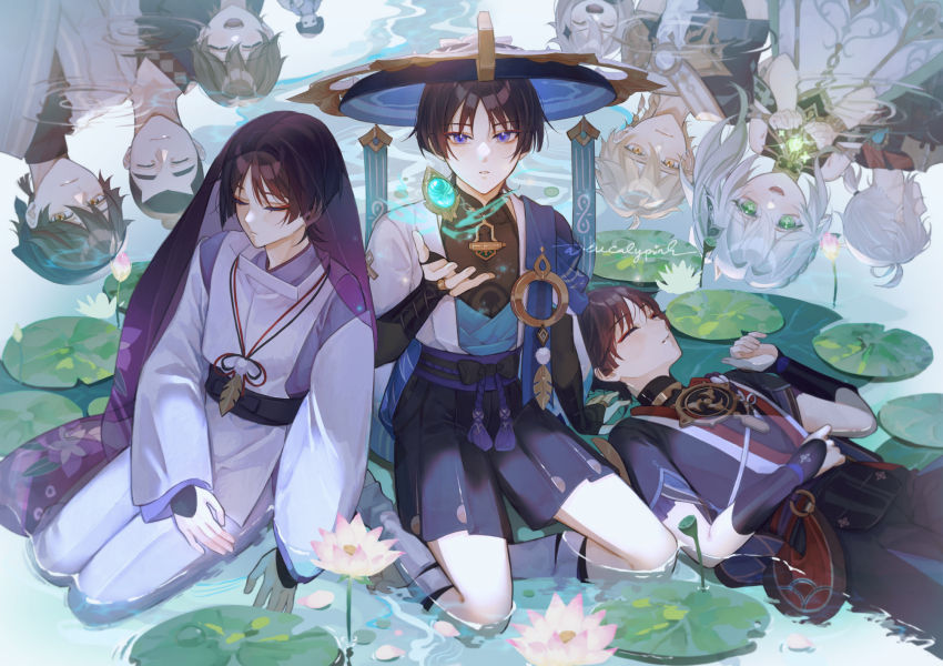 2girls, 6+boys, aether_(genshin_impact), ahoge, anemo_symbol_(genshin_impact), aqua_gem, armlet, armor