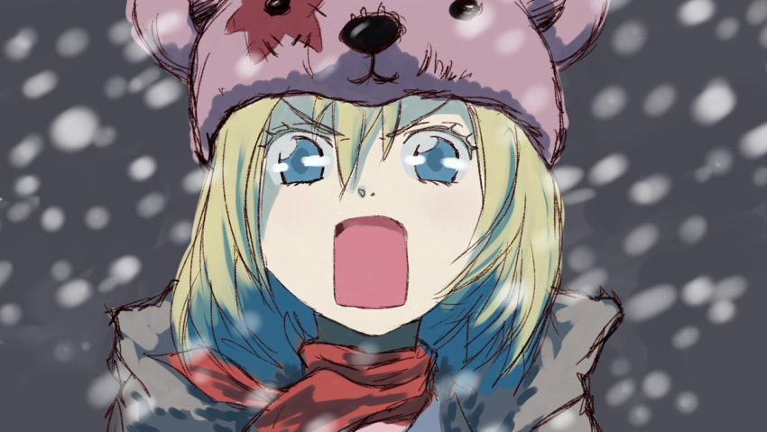 1girl, animal_hat, bear, blonde_hair, blue_eyes, cosplay, female_focus, first_squad