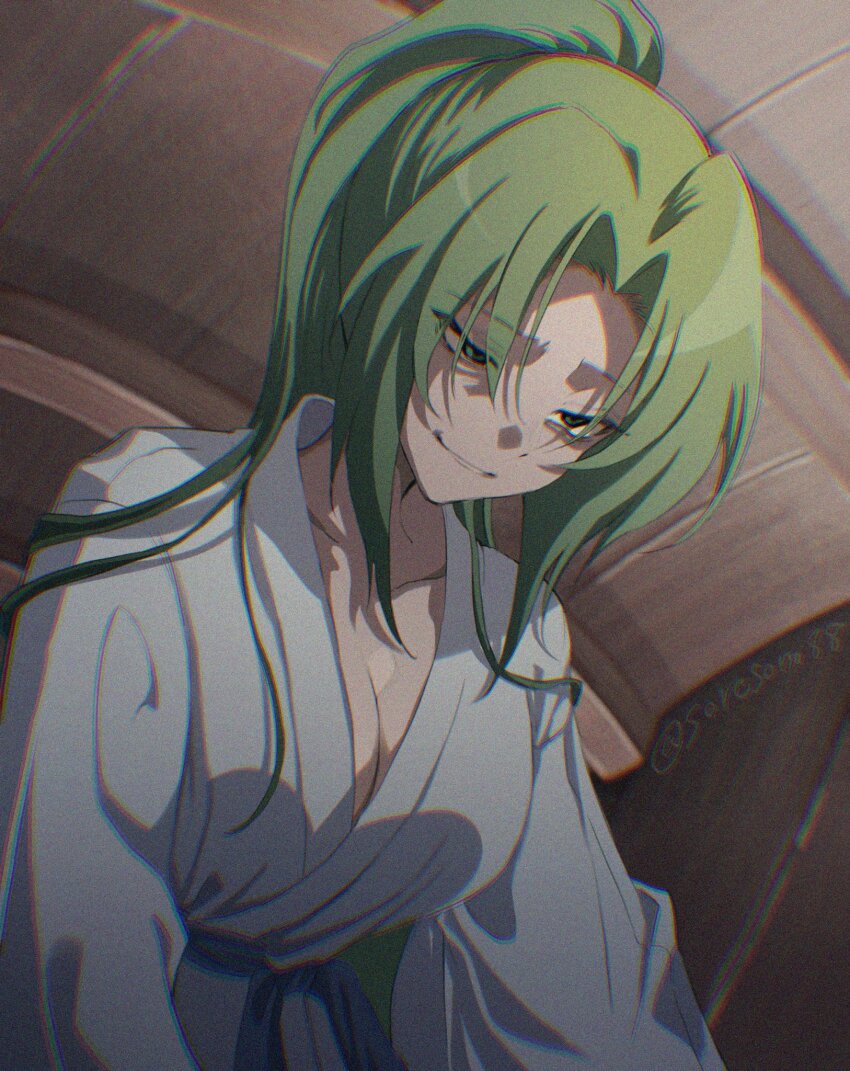 1girl, artist_name, breasts, commentary_request, green_eyes, green_hair, half-closed_eyes, high_ponytail, highres, higurashi_no_naku_koro_ni, large_breasts, pajamas, ponytail, smile, solo, sonozaki_mion, soresono88, twitter_username