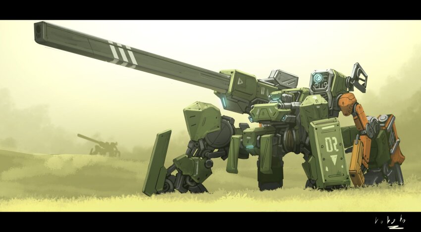 2girls, anti-materiel_rifle, arm_cannon, armor, armored_boots, beam_rifle, boots, bottoms1237, bush, closed_mouth, cloud, cloudy_sky, day, energy_gun, field, full_armor, full_body, glowing, glowing_eye, grass, green_armor, green_paint, gun, highres, holding, holding_gun, holding_weapon, letterboxed, mecha, mecha_focus, missile_pod, multiple_girls, nature, no_humans, non-humanoid_robot, on_ground, original, outdoors, rifle, robot, scenery, science_fiction, shoulder_cannon, sky, sniper_rifle, solo, standing, thrusters, walker_(robot), weapon