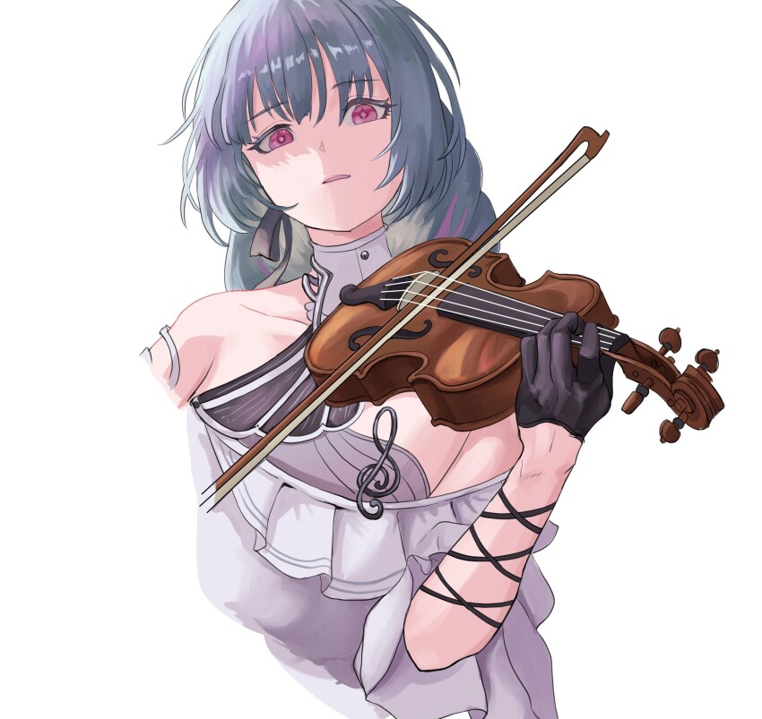 1girl, bare_shoulders, black_gloves, bow_(music), breasts, chucky_(chucky1000sun), commentary_request, cropped_torso