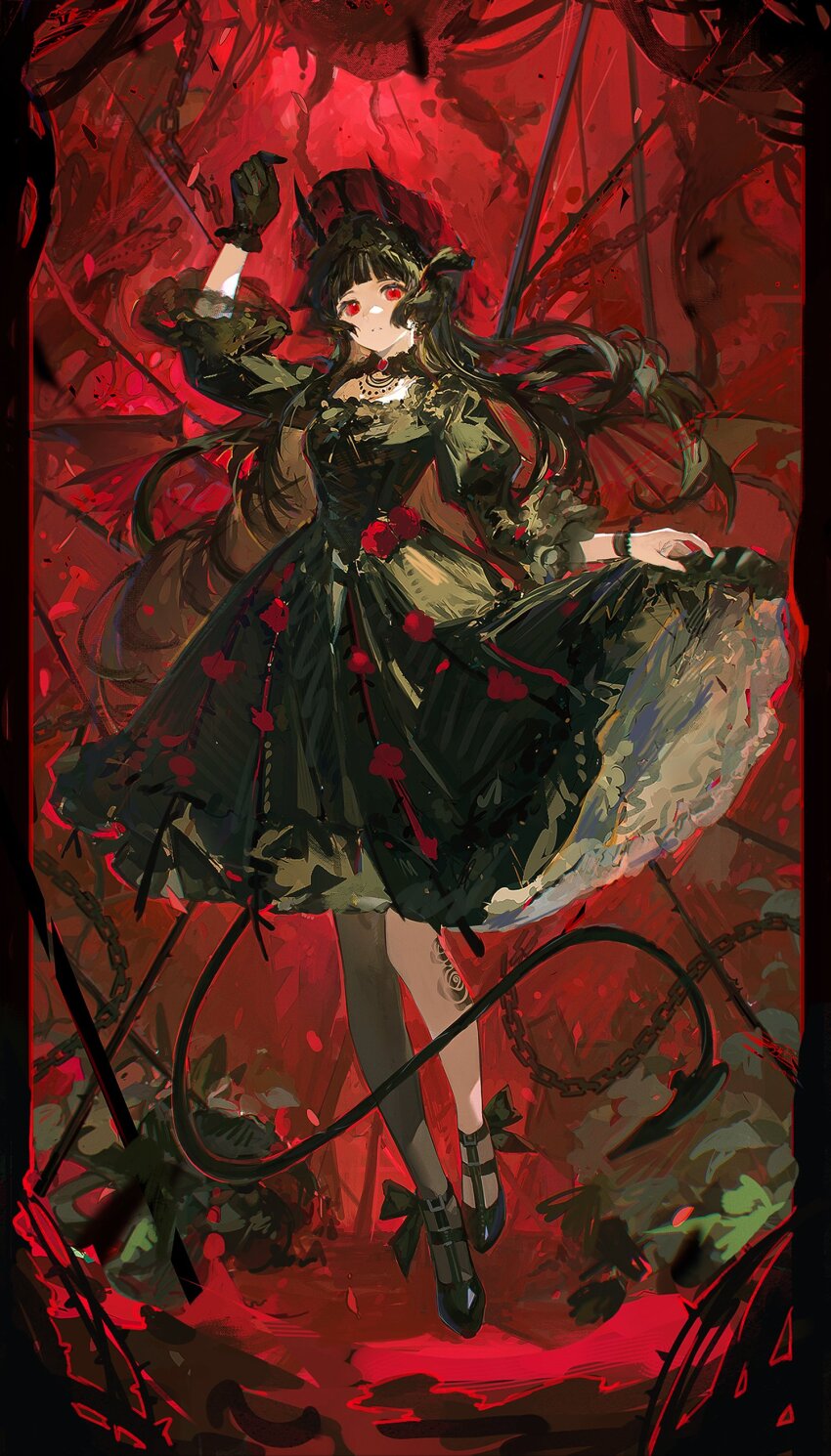 absurdres, bead_necklace, beads, black_collar, black_dress, black_gloves, black_hair, black_horns