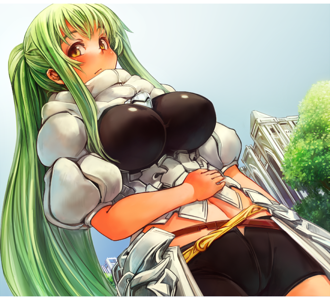 1girl, armor, bike_shorts, blush, breasts, dutch_angle, female_focus, green_hair