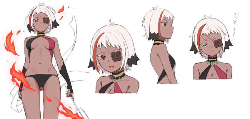 1girl, arakiya_(re:zero), bare_shoulders, black_panties, breasts, breasts_apart, colored_eyelashes, dark-skinned_female, dark_skin, eyepatch, fire, frown, half-closed_eye, highres, holding, multicolored_hair, multiple_views, navel, nzmtarou, o-ring, open_mouth, panties, re:zero_kara_hajimeru_isekai_seikatsu, red_eyes, short_hair, streaked_hair, underwear, white_background, white_eyelashes, white_hair