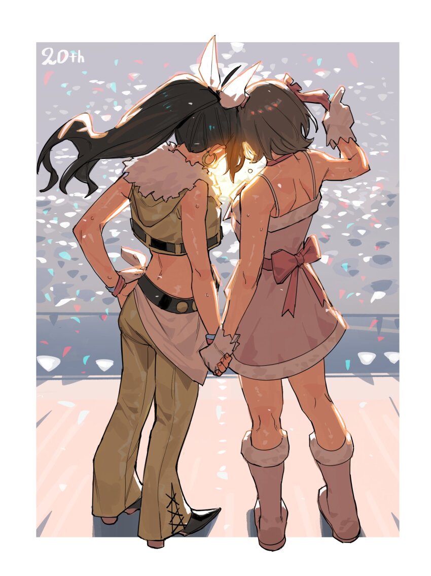 2girls, absurdres, amami_haruka, anniversary, antenna_hair, belt, beyond_the_vibes_(idolmaster), black_belt