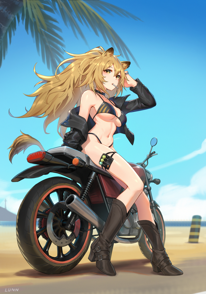 1girl, absurdres, animal_ear_fluff, animal_ears, arknights, arm_up, beach, bikini