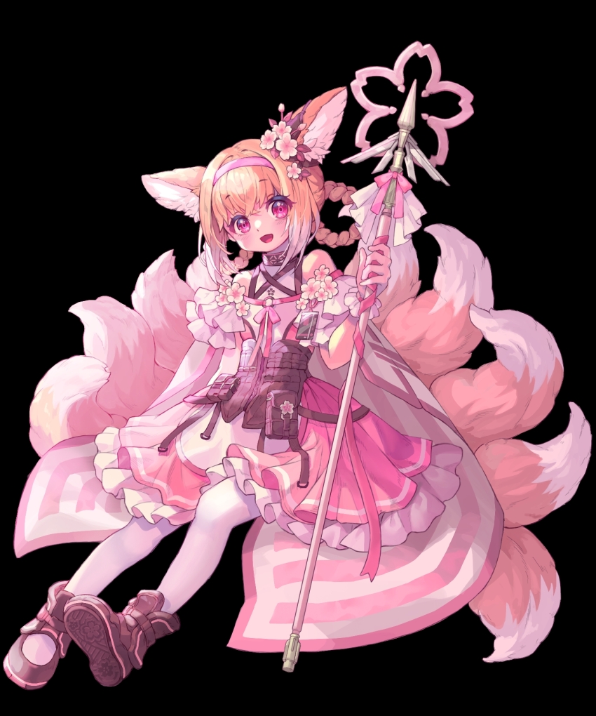 1girl, alternate_color, animal_ears, arknights, bare_shoulders, black_background, black_shoes, blonde_hair, braid, braided_hair_rings, commentary, dress, flower, fox_ears, fox_girl, fox_tail, frilled_dress, frills, full_body, hair_flower, hair_ornament, hair_rings, hairband, highres, holding, holding_staff, infection_monitor_(arknights), kitsune, kko_(kko_m12), kyuubi, looking_at_viewer, multiple_tails, open_mouth, pantyhose, pink_eyes, pink_hairband, purple_dress, shoes, simple_background, solo, staff, suzuran_(arknights), tail, twin_braids, white_pantyhose