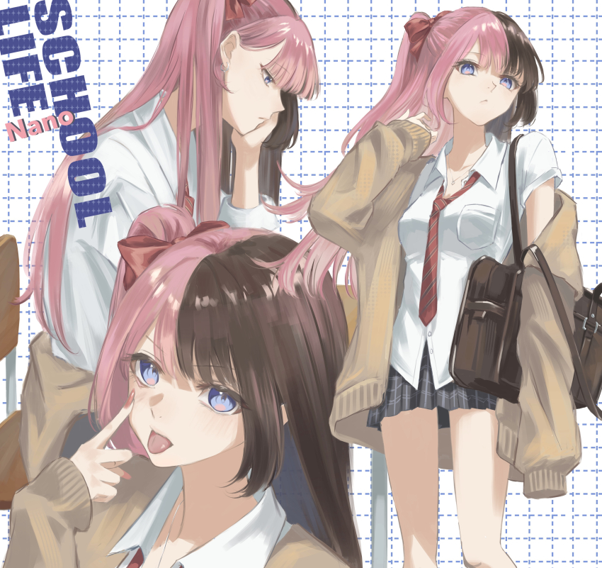 1girl, absurdres, akanbe, alternate_costume, bag, blue_eyes, brown_bag, brown_cardigan