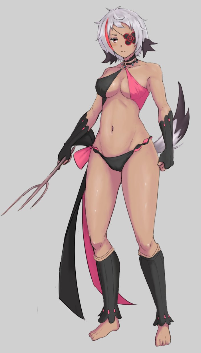 1girl, anklet, arakiya_(re:zero), bare_shoulders, barefoot, black_panties, dog_tail, eyepatch