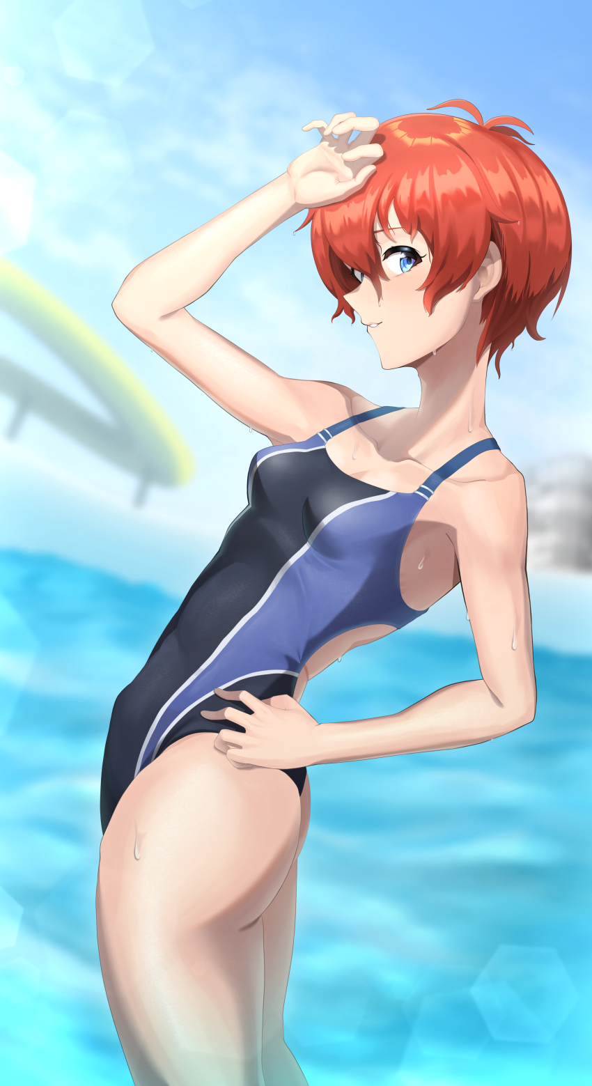 1girl, absurdres, arched_back, arm_up, ass, blue_eyes, breasts, collarbone