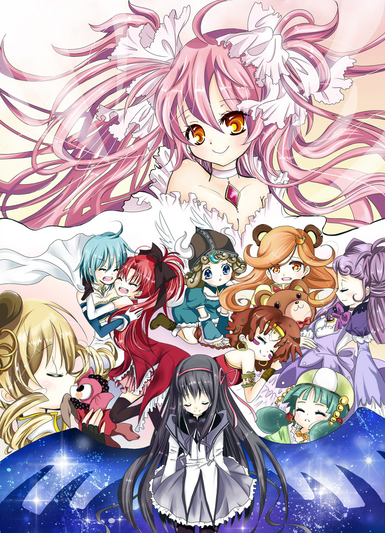 10s, 6+girls, akemi_homura, akemi_homura_(magical_girl), black_hair, blonde_hair, blue_eyes, blue_hair, bottle_(artist), bottle_(x890264), cape, charlotte_(madoka_magica), choker, closed_eyes, drill_hair, earrings, extra, fingerless_gloves, girl_in_purple_(madoka_magica), girl_with_bear_(madoka_magica), gloves, green_hair, hat, headband, helmet, hug, jewelry, kaname_madoka, kiss, long_hair, magical_girl, mahou_shoujo_madoka_magica, mahou_shoujo_madoka_magica_(anime), miki_sayaka, miki_sayaka_(magical_girl), multiple_girls, orange_eyes, orange_hair, pink_hair, ponytail, purple_hair, red_hair, sakura_kyoko, sakura_kyoko_(magical_girl), savanna_girl_(madoka_magica), short_hair, spoilers, tibetan_girl_(madoka_magica), tomoe_mami, tomoe_mami_(magical_girl), twin_drills, twintails, ultimate_madoka, very_long_hair, viking_girl_(madoka_magica), wings, yellow_eyes, yuri